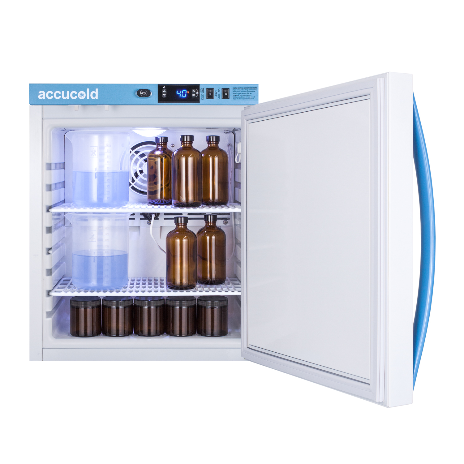Performance series Med-Lab 1 cu.ft. compact all-refrigerator for laboratory storage with factory-installed data logger, antimicrobial silver-ion handle, and hospital grade cord with 'green dot' plug